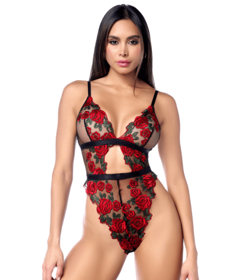 Teddy sexy taille haute en résille transparente avec broderie de roses Mapalé - MAL8961BKRD